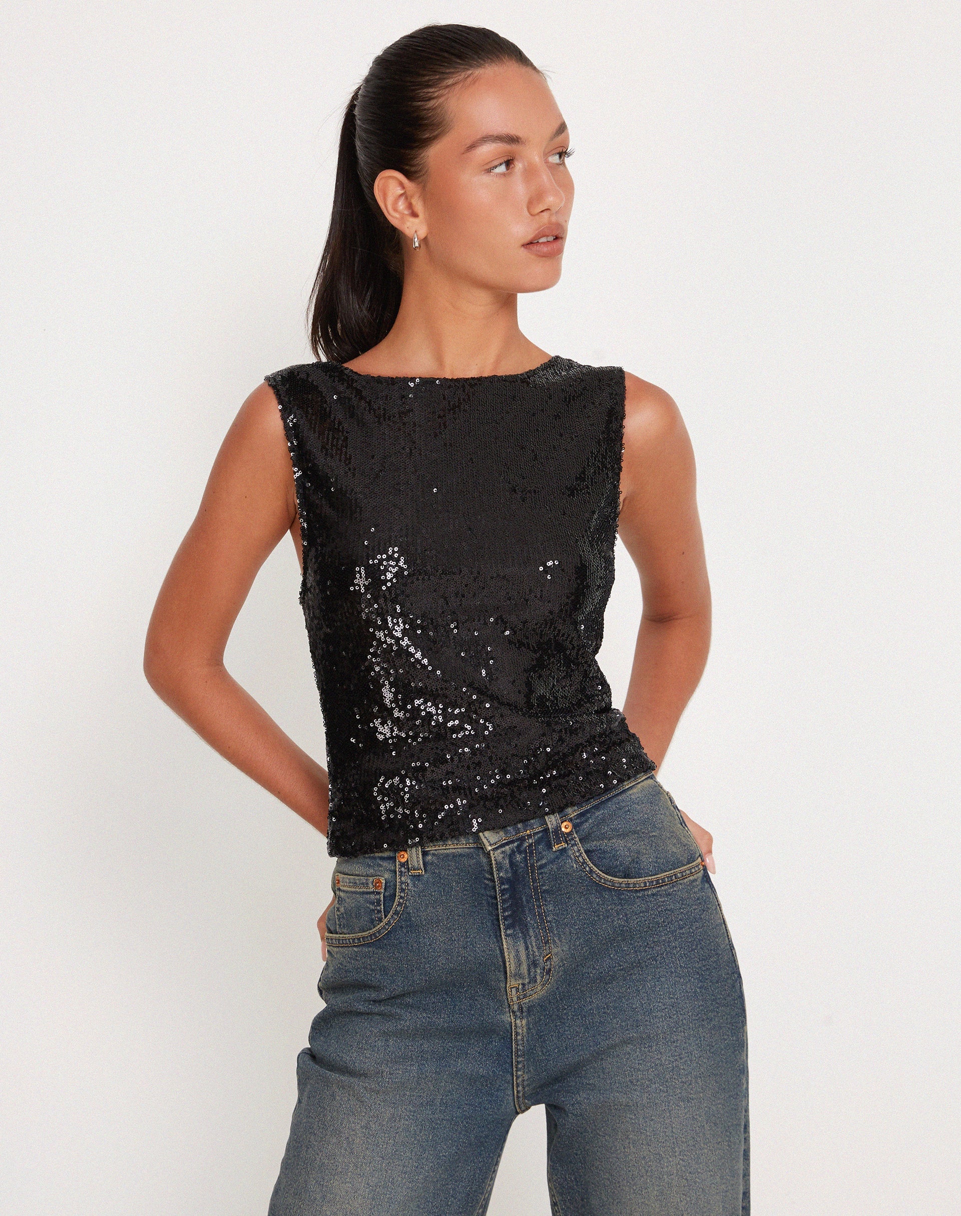 black sequin sleeveless top