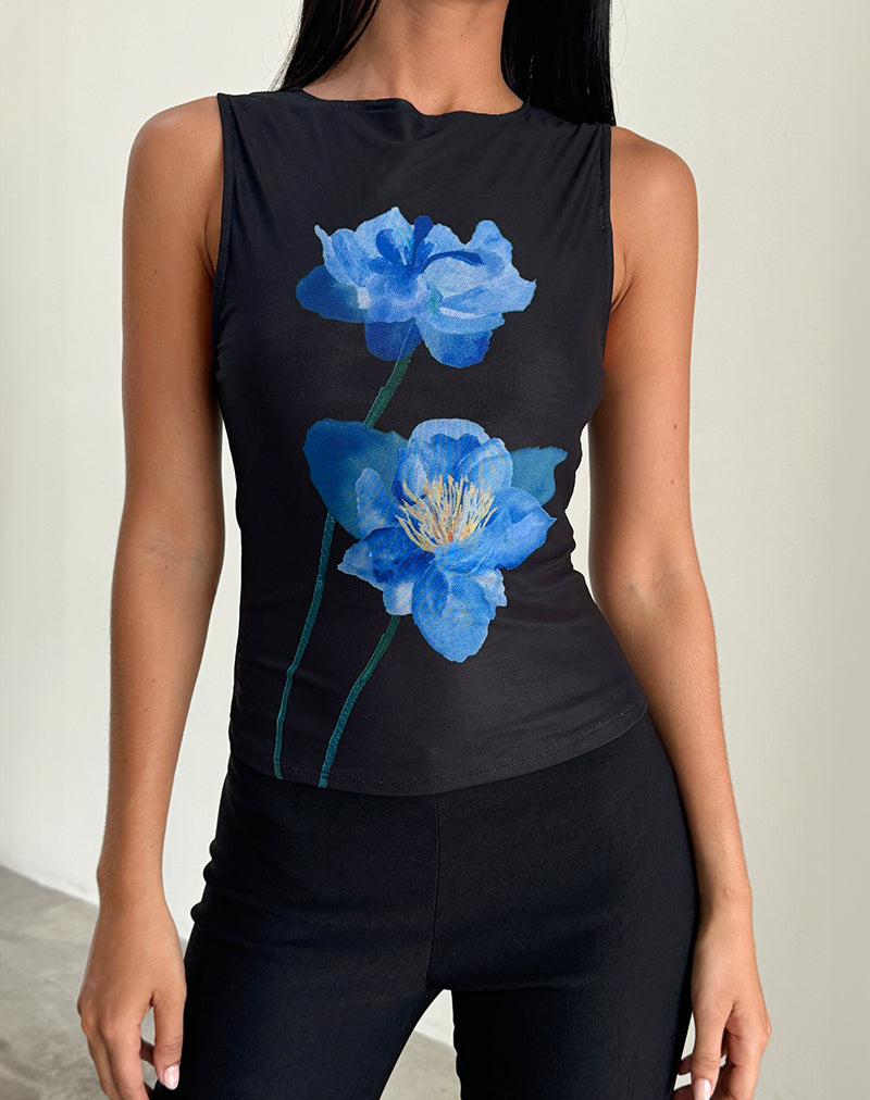 Hala Top in Black with Blue Watercolour Flower