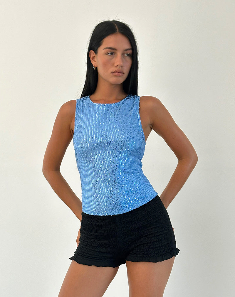 Haut Hala en mini sequins drapés bleu clair