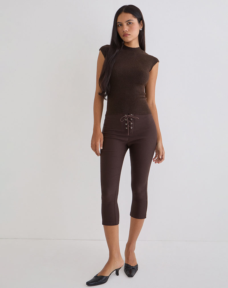 Image of Aelva Lace Up Capri in Tailoring Dark Brown