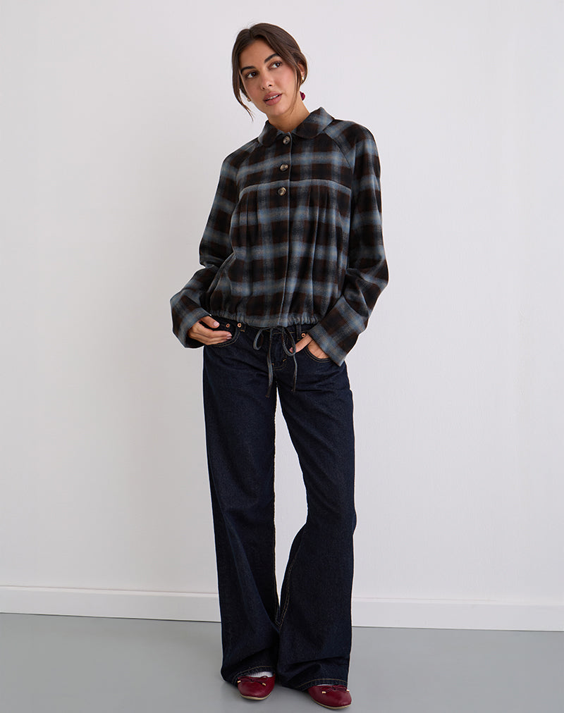 Image of Harana Collar Jacket in Blue and Brown Check