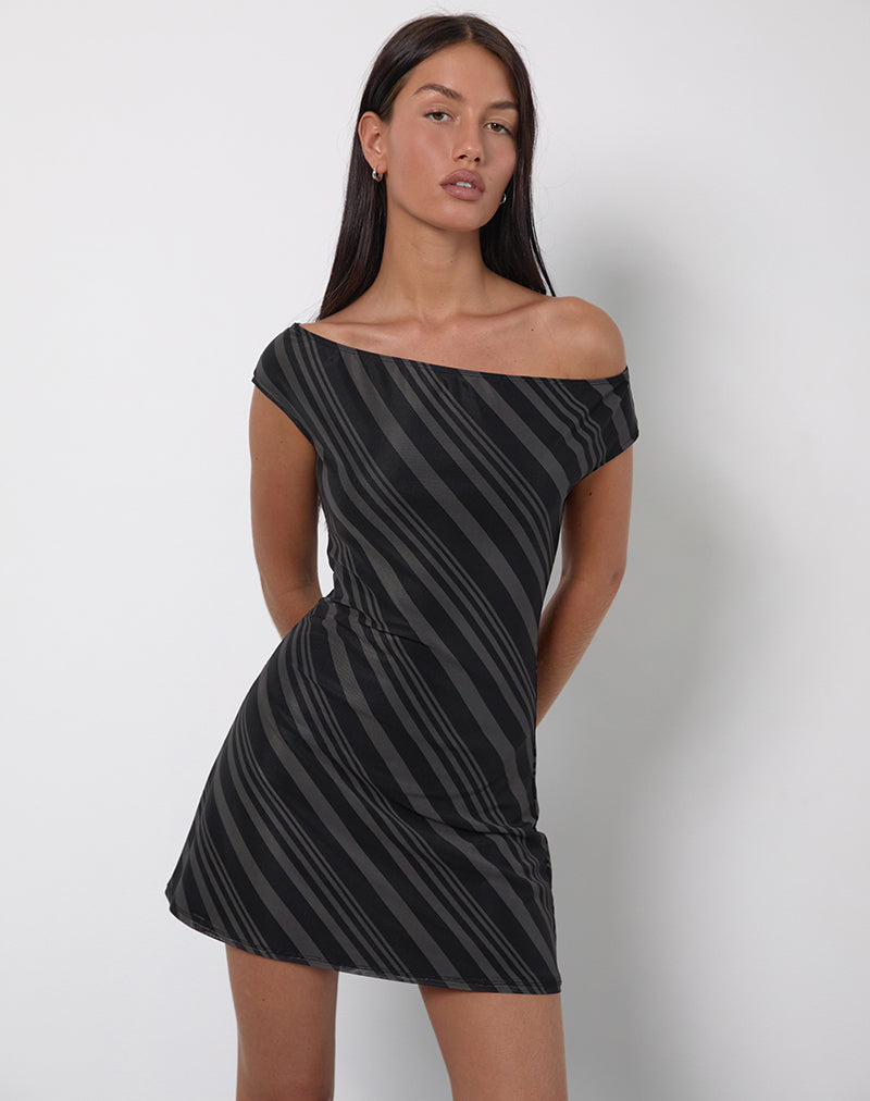 Hari Mini Dress in Irregular Stripe Grey Black