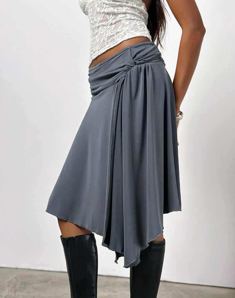 Image of Harlan Asymmetric Midi Skirt in Cupro Grey