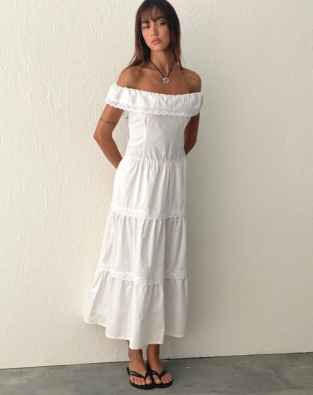 Helpa Tiered Bardot Maxi Dress in White