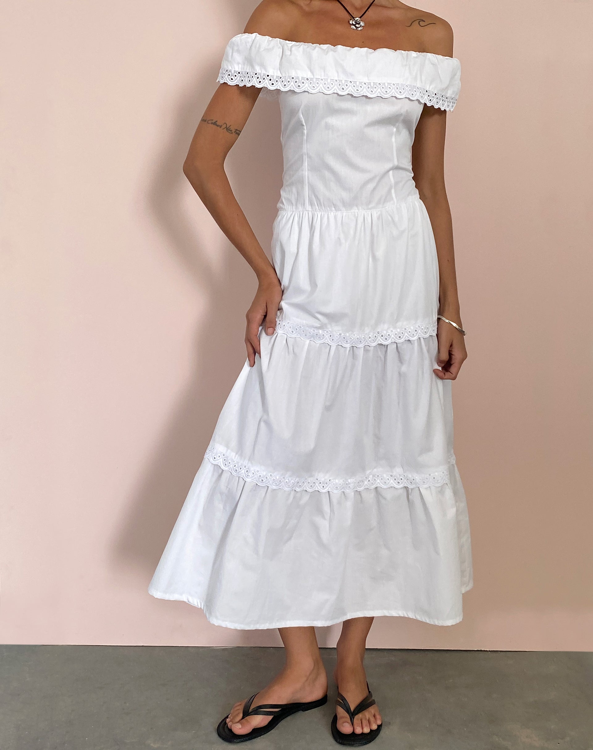 Image of Helpa Tiered Bardot Maxi Dress in White