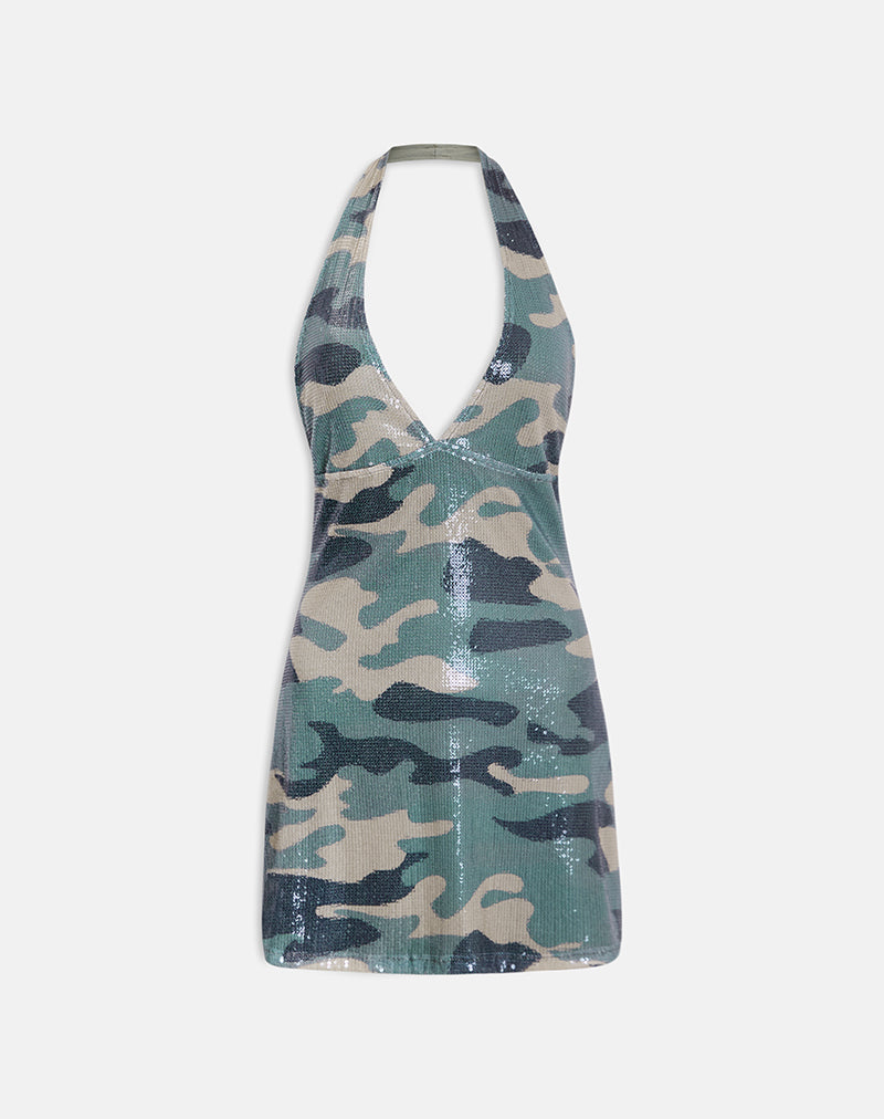 Image of Hepasi Halter Mini Dress in Camo Sequin Khaki Green