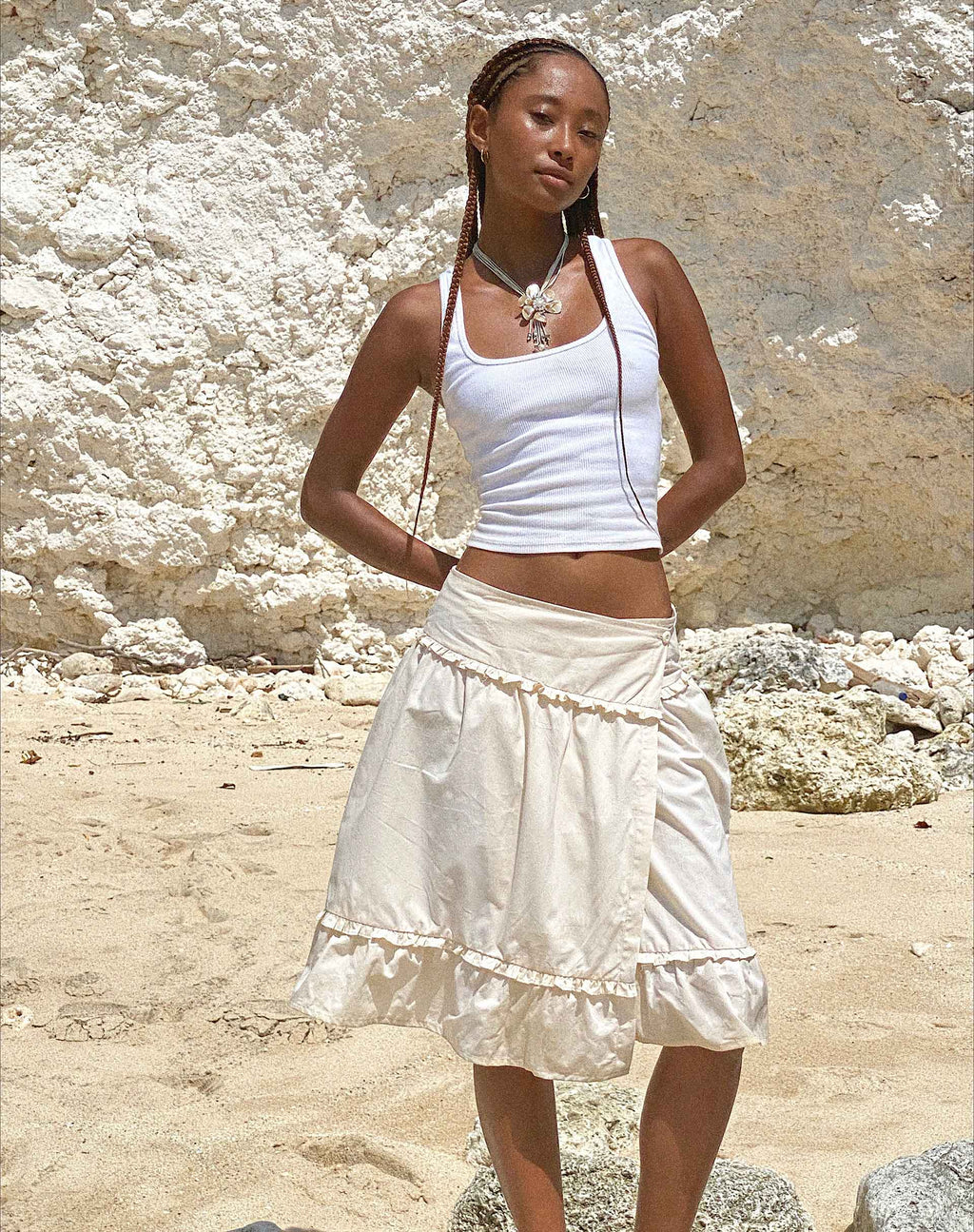 Kasya Frill Hem Midi Wrap Skirt in Ivory