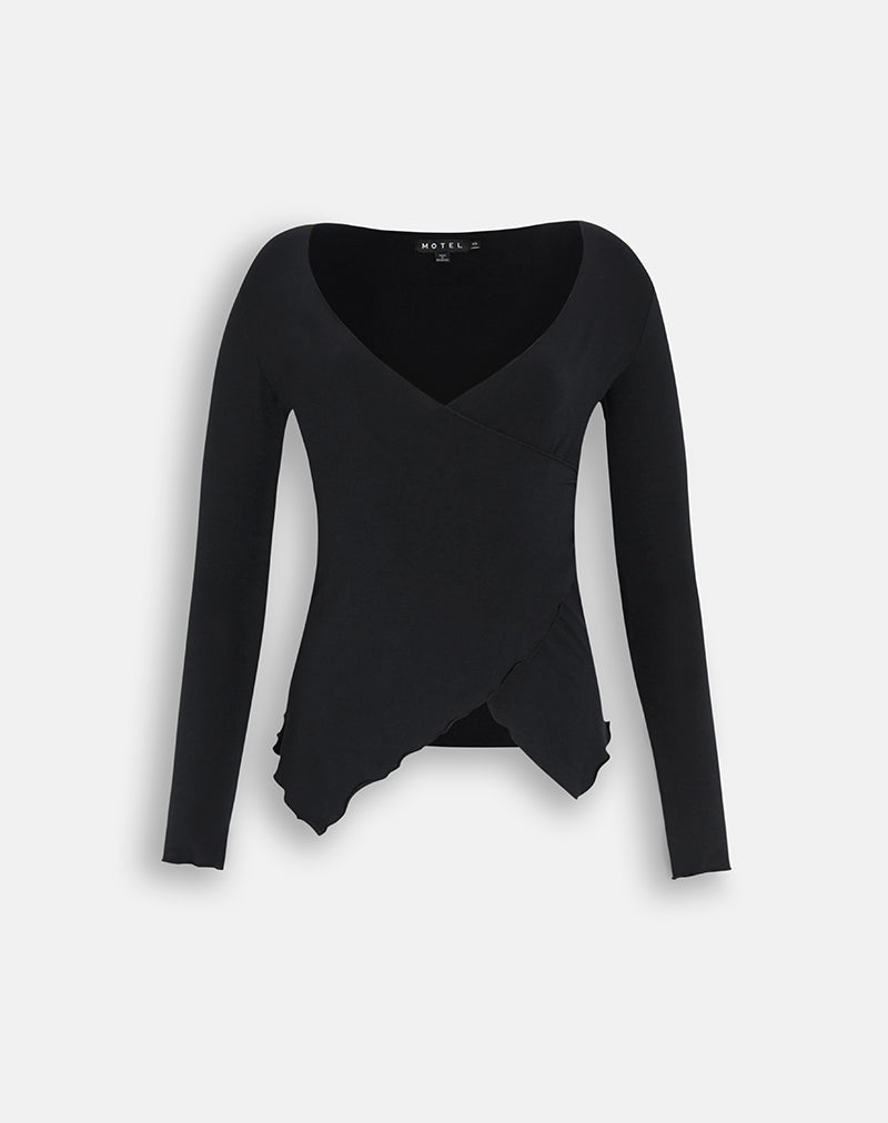 Image of Holis Long Sleeve Wrap Top in Jersey Black
