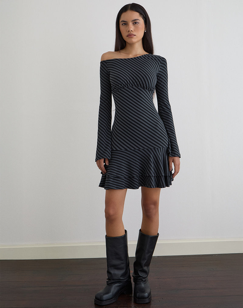 Image of Hongsai Mini Dress in Oblique Stripe Ocean Storm