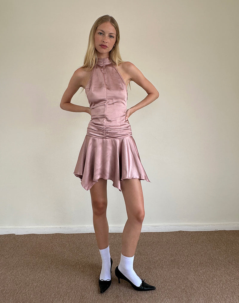 Image of Hydri Satin Halterneck Mini Dress in Baby Pink