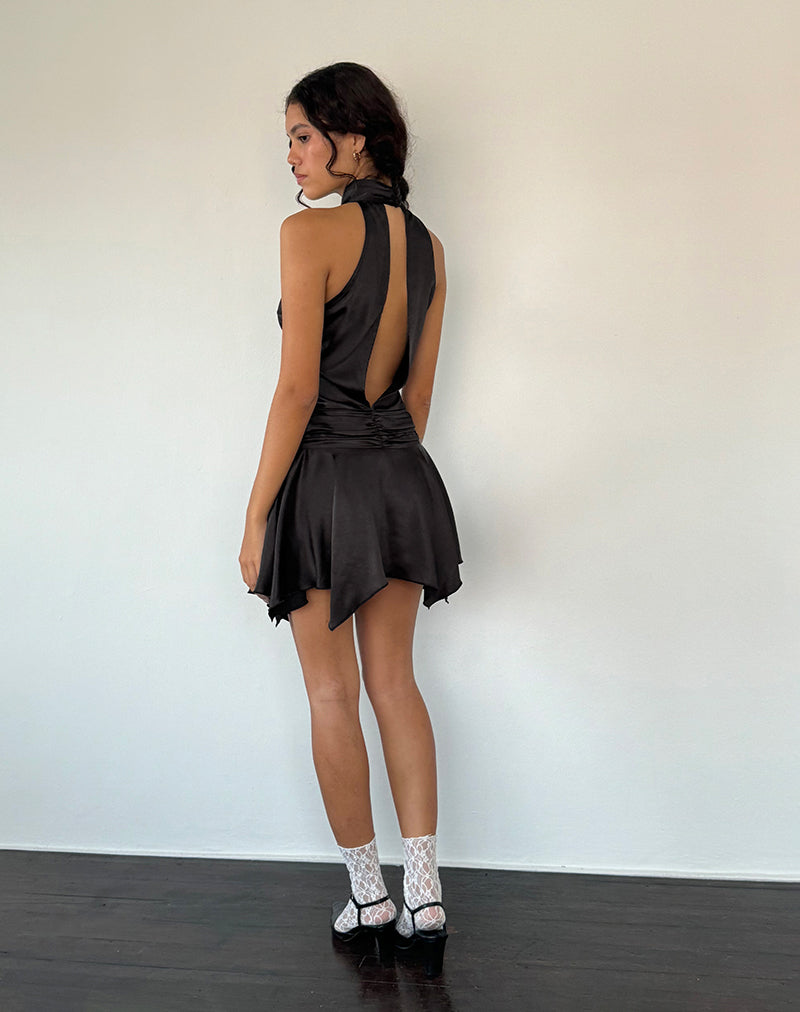 Image of Hydri Satin Halterneck Mini Dress in Black