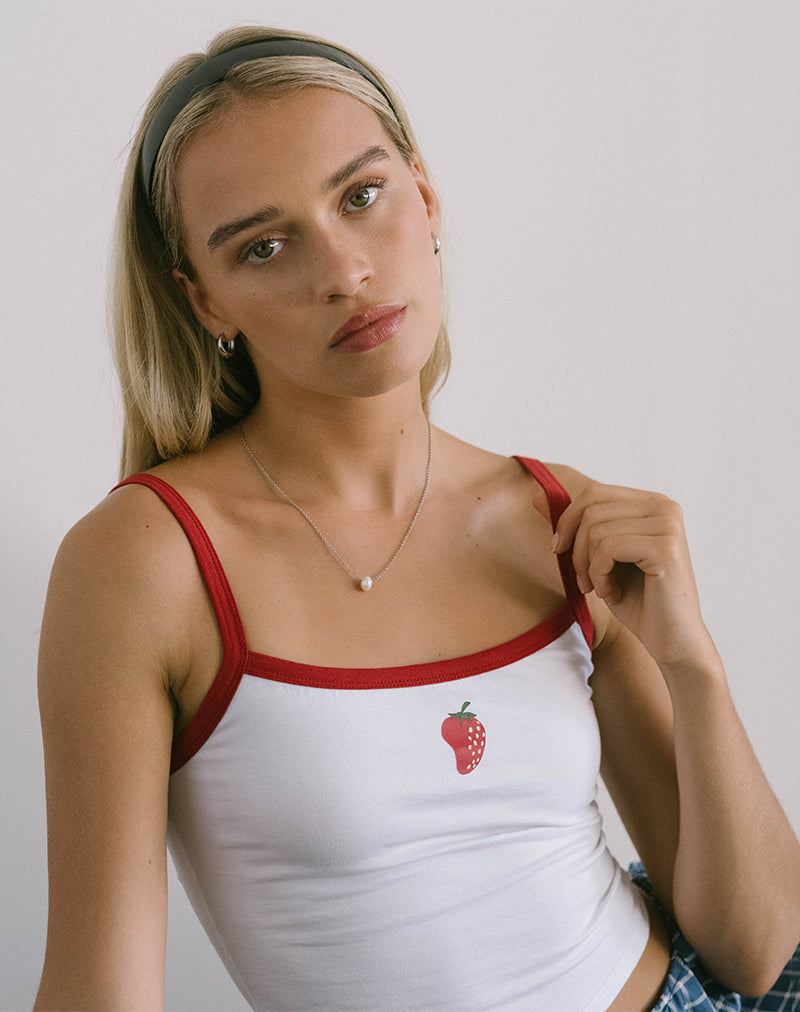 Icah Vest Top in White with Red Binding and Strawberry