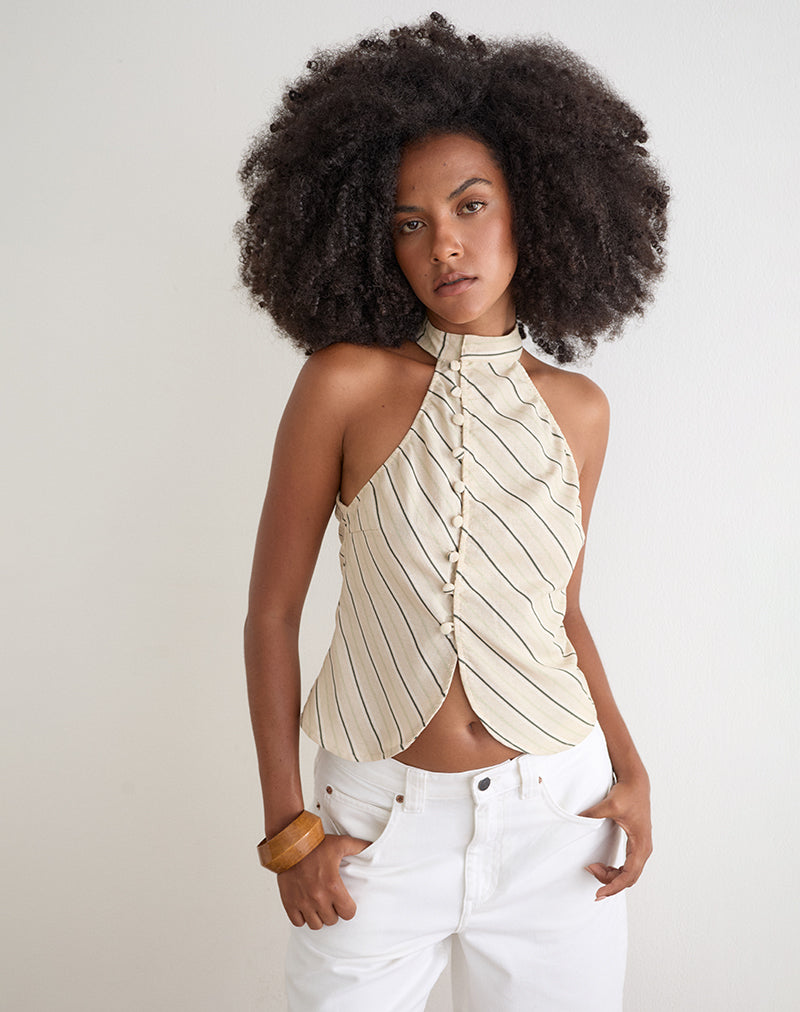 Beige Tilt Lines High Neck Top | Iggya – motelrocks-com-eur