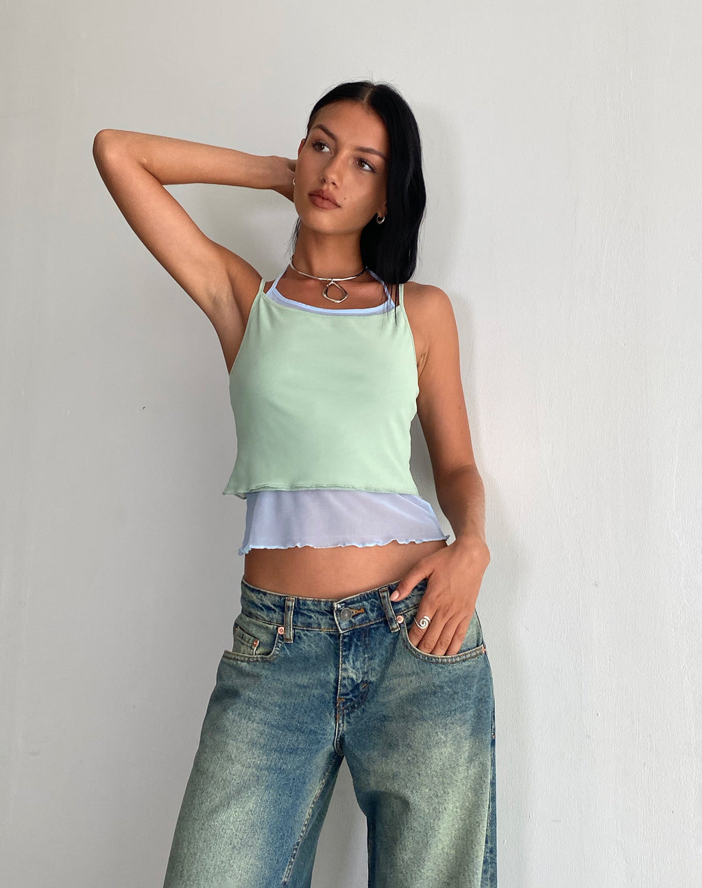 Sapphi Double Layered Cami Top in Frost Blue and Sage Green