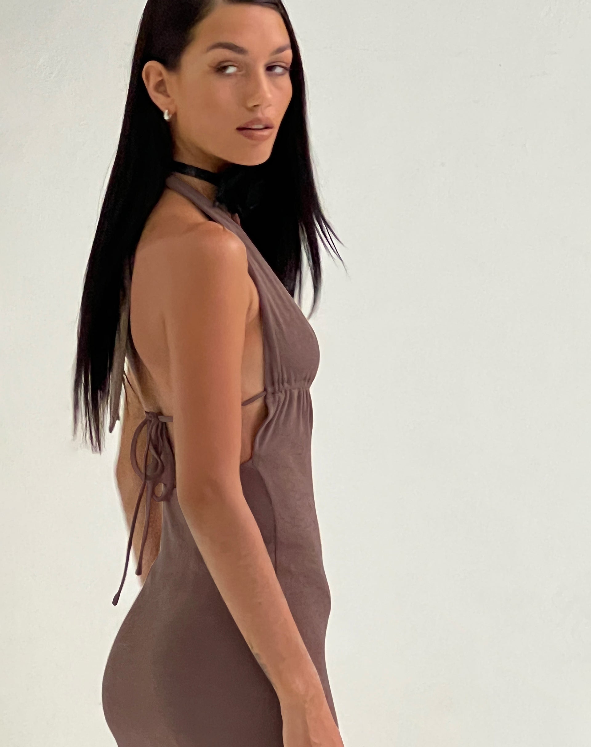 Image of Savilla Halterneck Mini Dress in Peppercorn