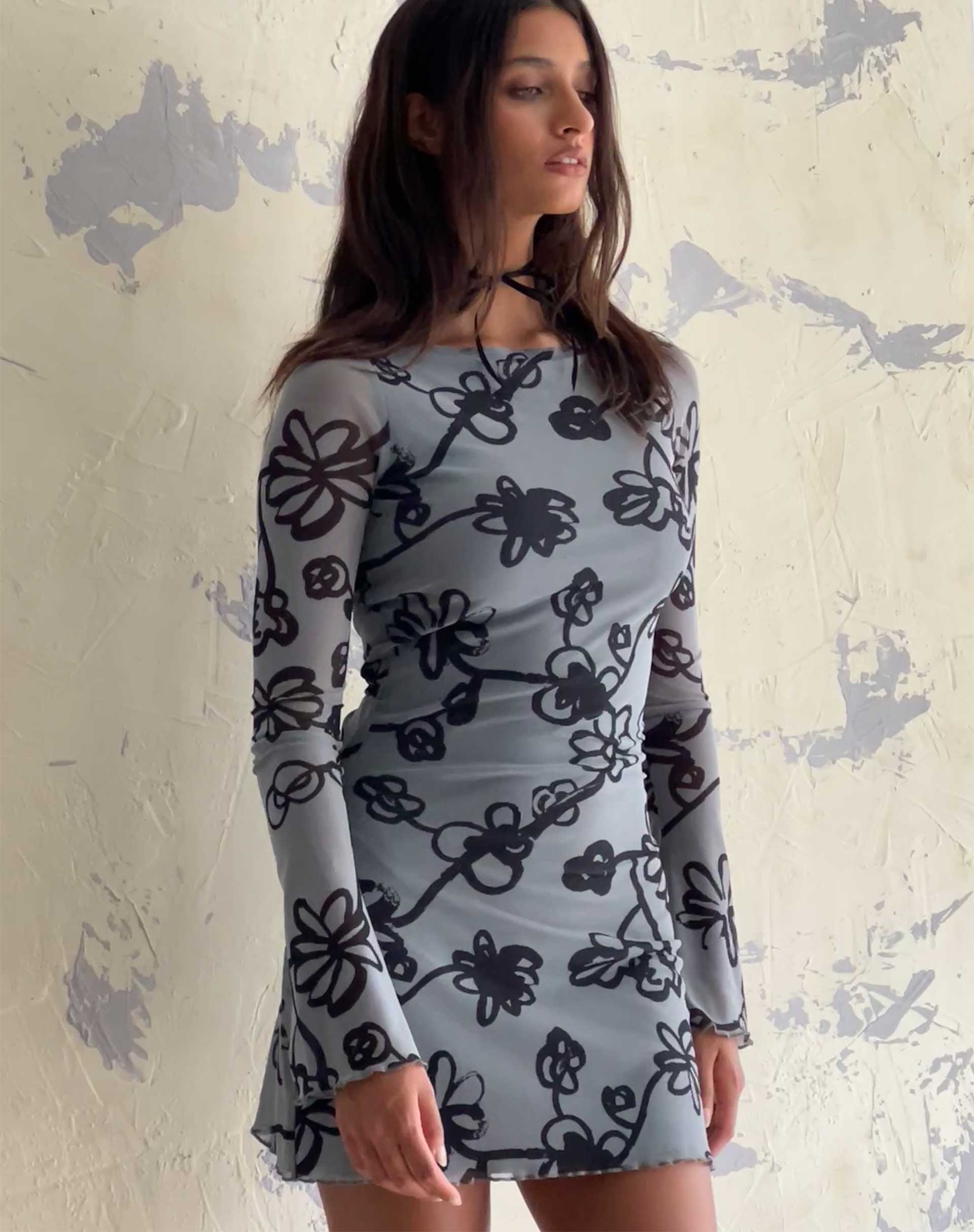 Image of Sevila Mini Dress in Mesh Doodle Flower Grey