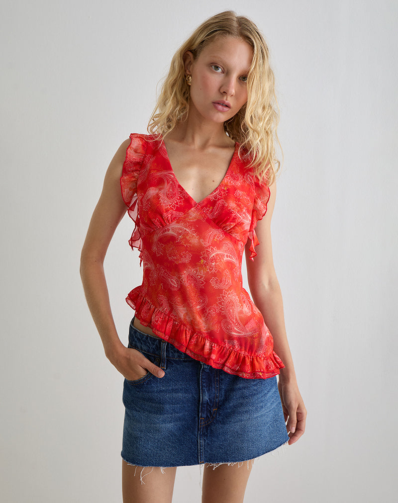 Iravela Asym Oberteil aus Paisley Chiffon Rot
