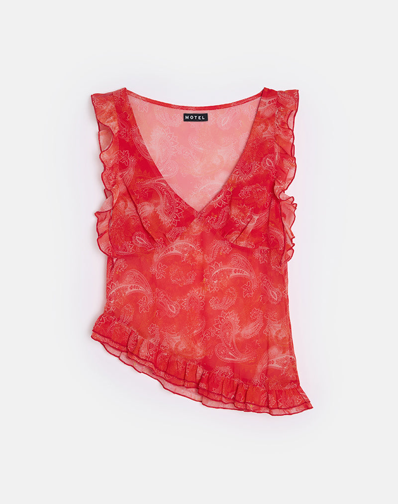 Iravela Asym Oberteil aus Paisley Chiffon Rot