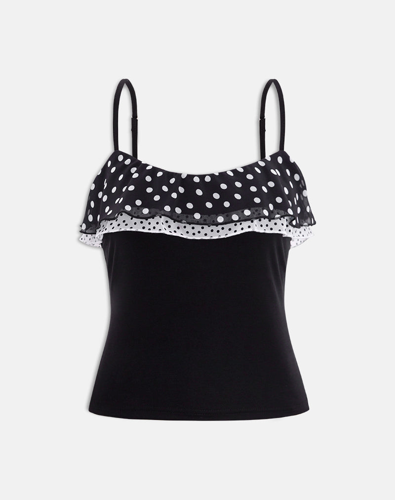 Image of Iridia Top in Cupro Black with Tiny Polka Ruffles