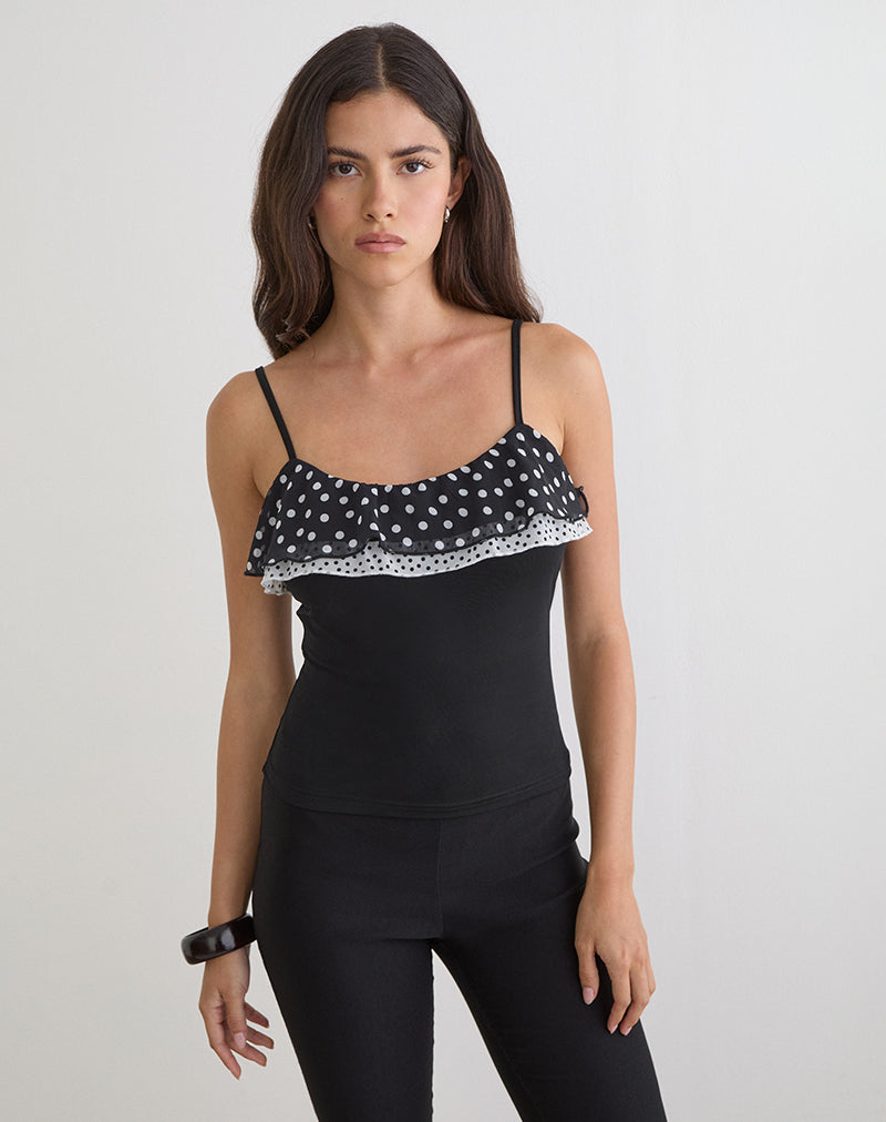 Iridia Top aus Cupro in Schwarz mit kleinen Polka-Rüschen