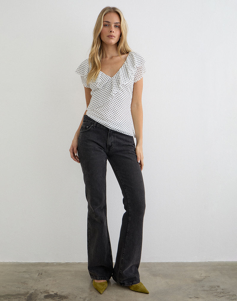 Image of Iskar Top with Frill in Chiffon White with Polka Print