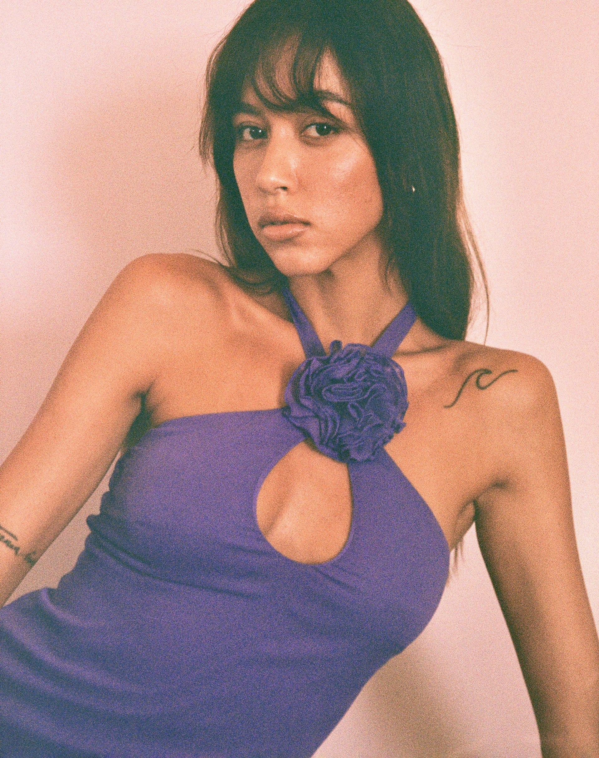Image of Isobel Rosette Ruffle Mini Dress in Purple Chiffon