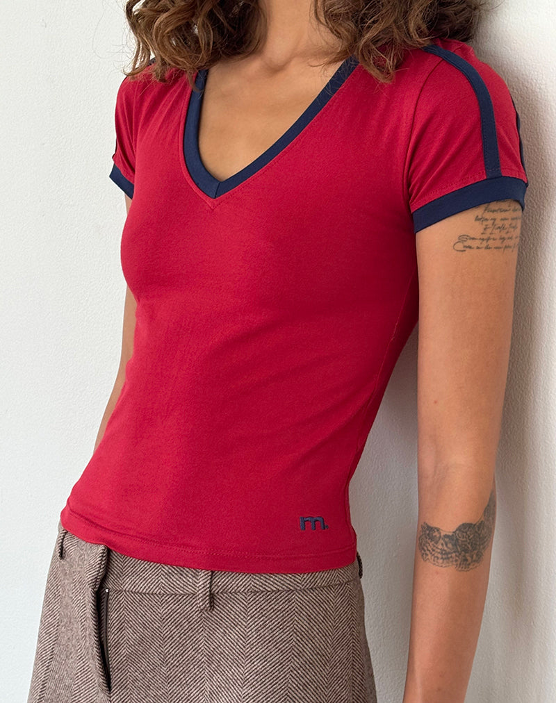 Izolde Baby Tee in Adrenalin Red with Navy Binding and M Embroidery