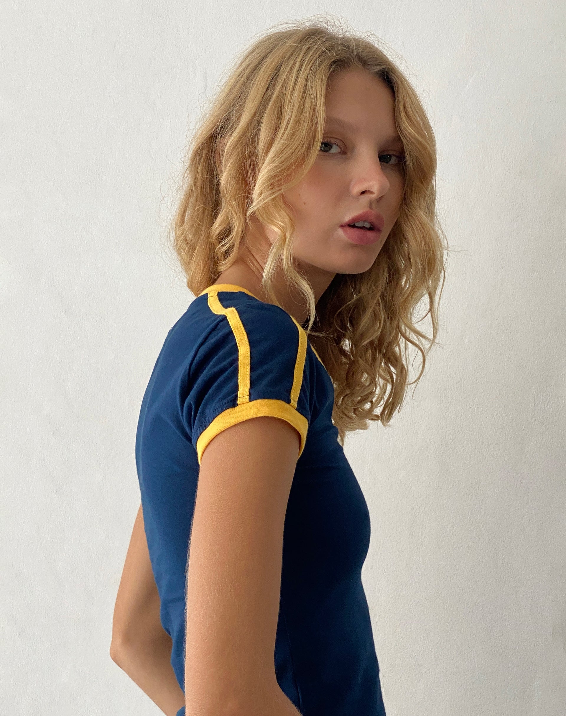 Image of Izolde Tee in Navy with Mustard Binding and M Embroidery