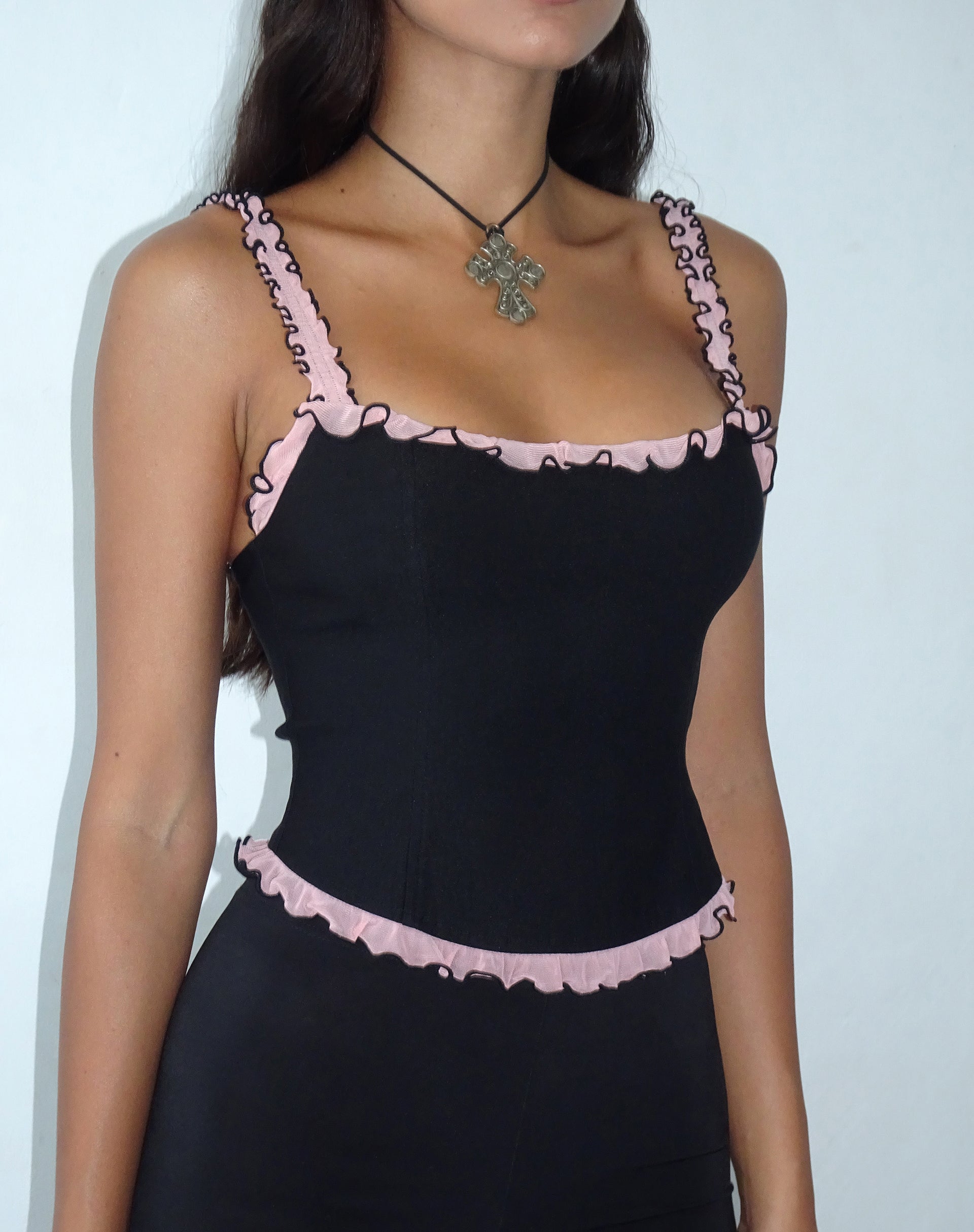 Image of Idalia Corset Top in Black with Pink Mesh Ruffle