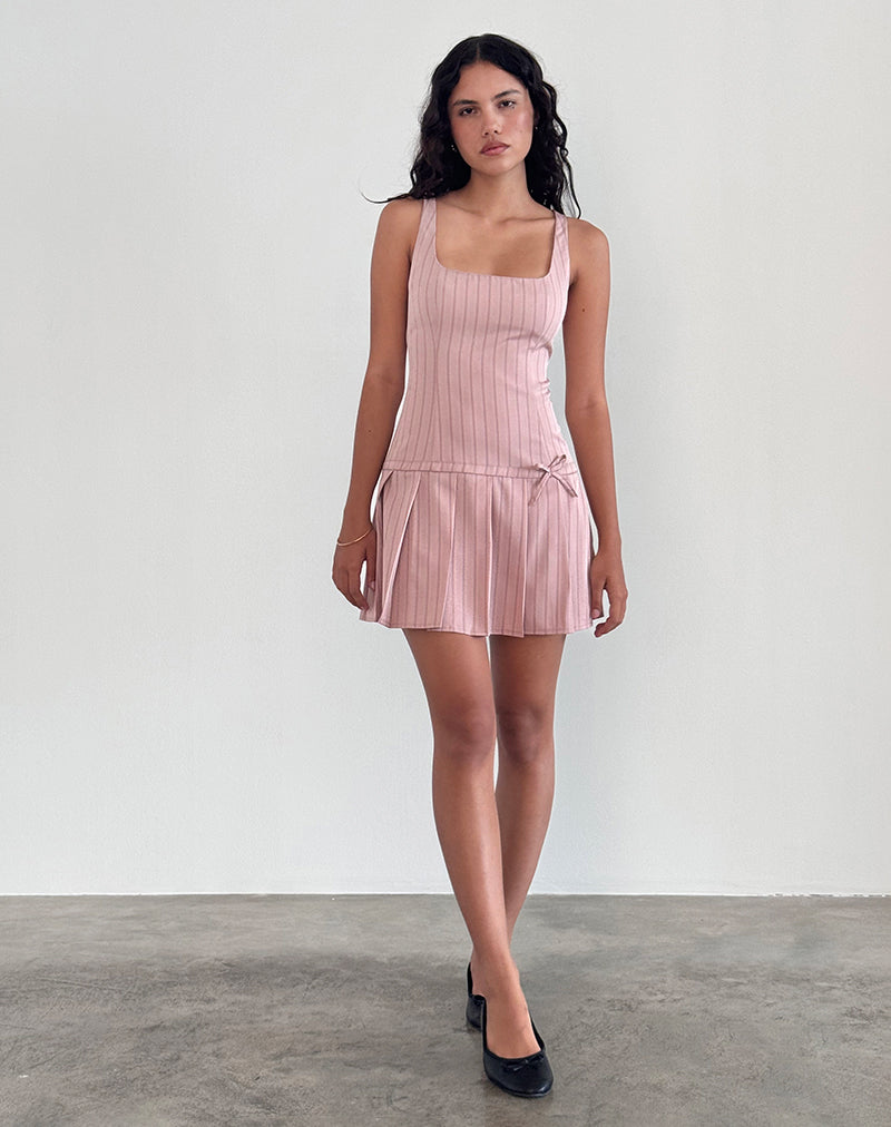 Image of Jadzia Drop Waist Mini Dress in Blush Pinstripe