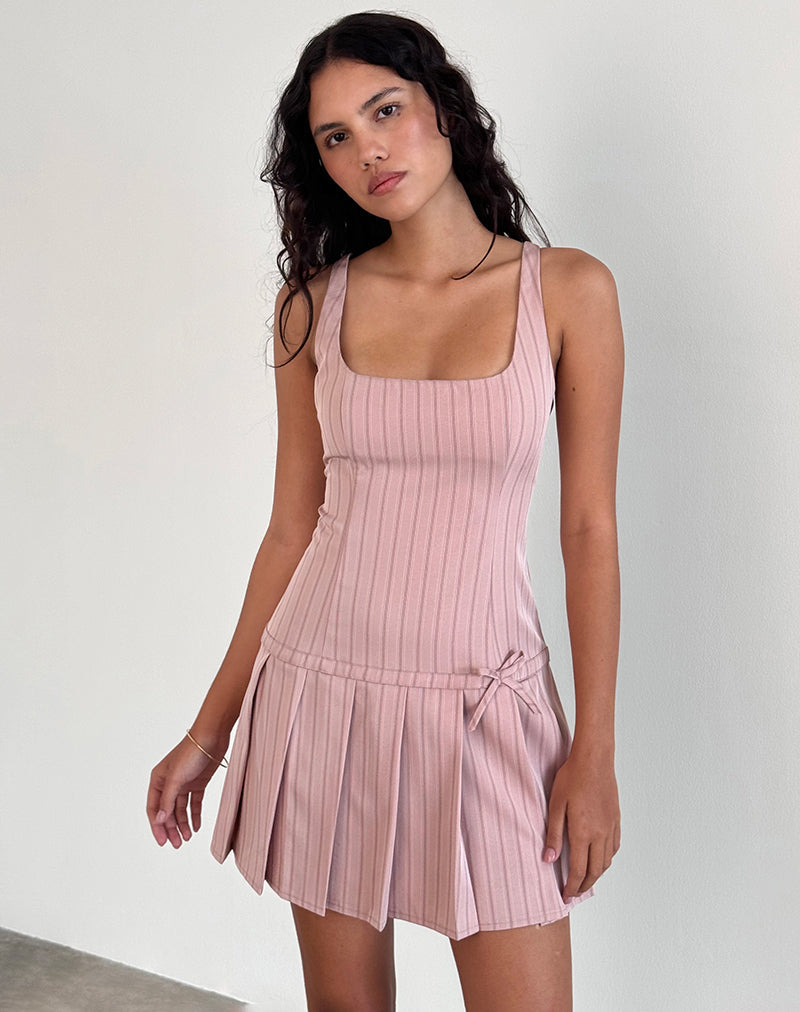 Jadzia Drop Waist Mini Dress in Blush Pinstripe