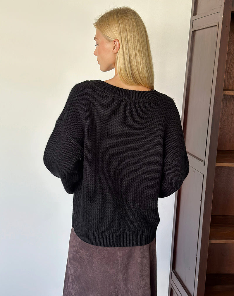 Image of Jaita V Neck Jumper in Chunky Knit Black