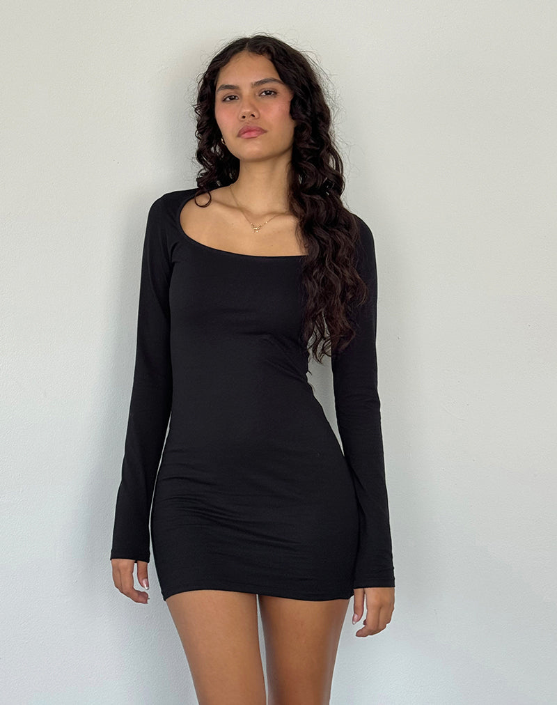 Image of Janjisu Long Sleeve Lycra Bodycon Mini Dress in Black