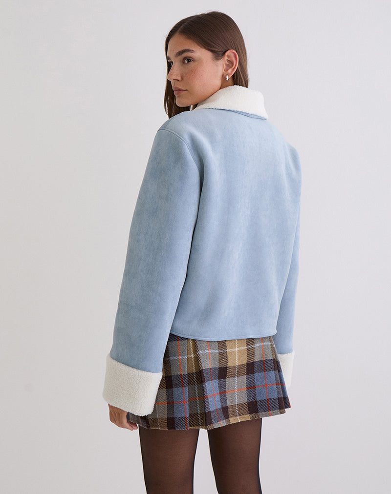 Image of Jano Jacket in Faux Suede Blue with Borg