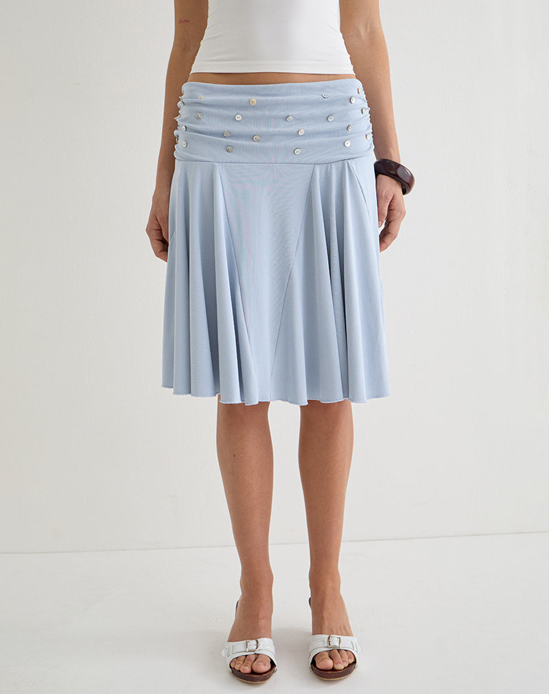 Faliha Midi Skirt in Lyocell Dusty Blue with Pearl Buttons