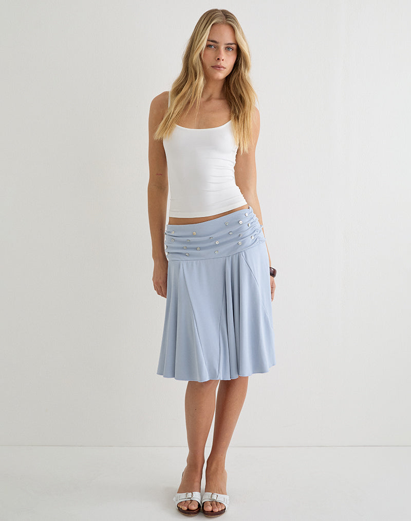 Faliha Midi Skirt in Lyocell Dusty Blue with Pearl Buttons