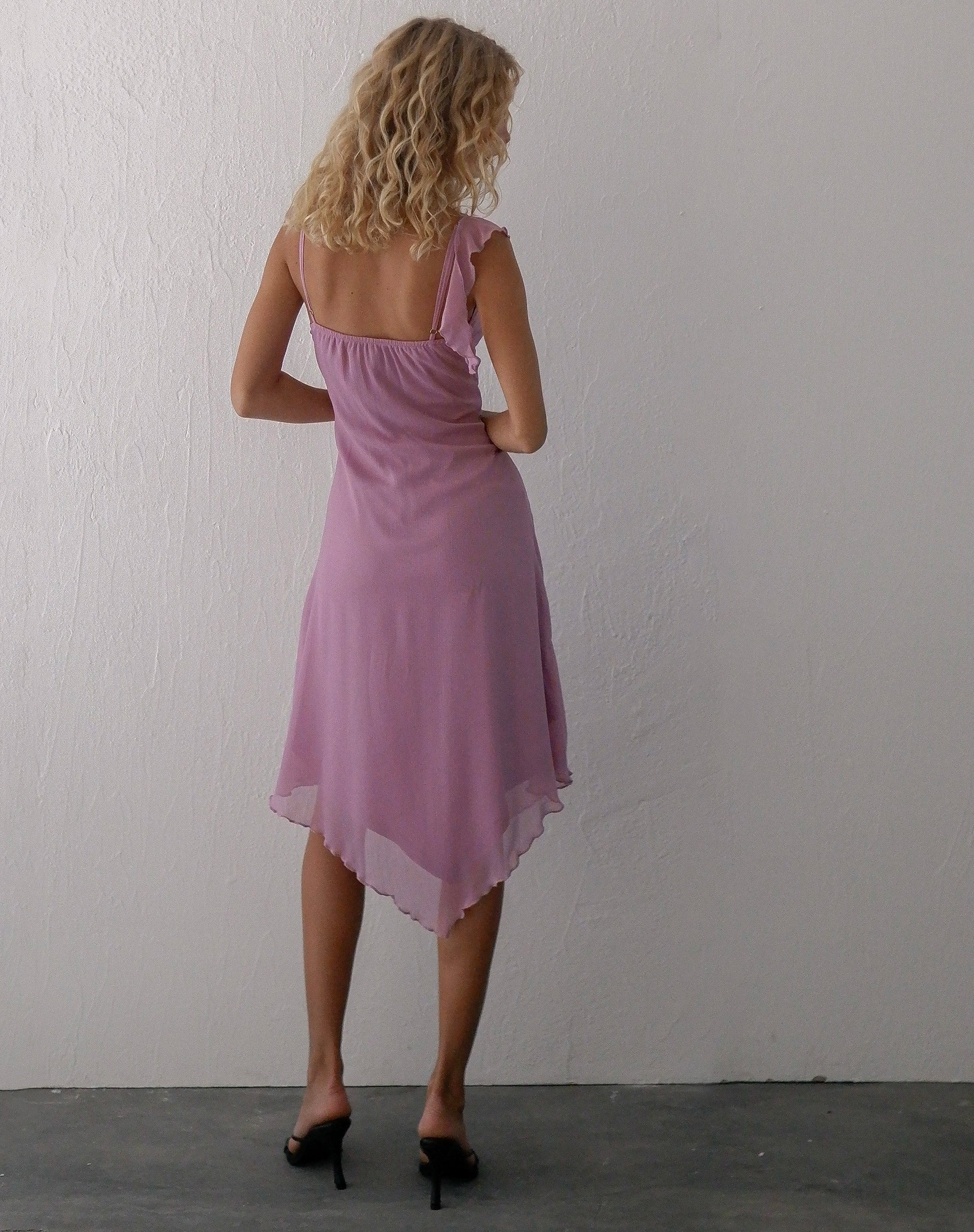 jenani rosette ruffle midi dress in light plum Light Plum Rosette Ruffle Midi Dress