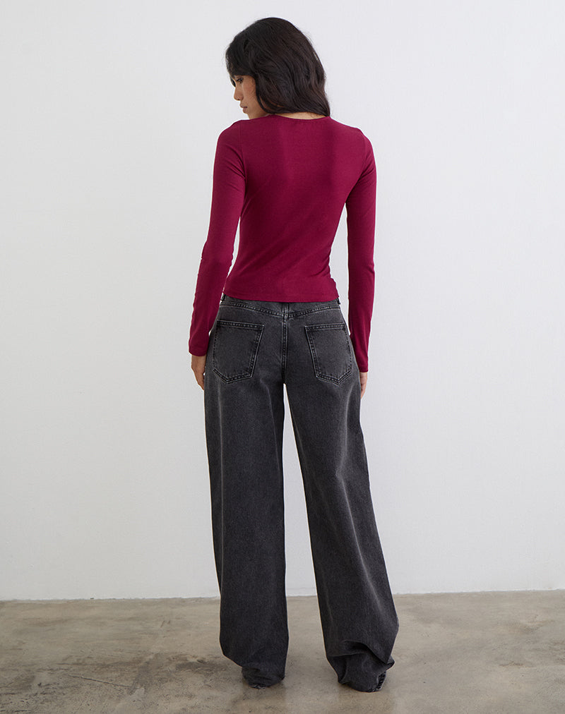 Image of Jenji Long Sleeve Top with Pearl Button in Burgundy