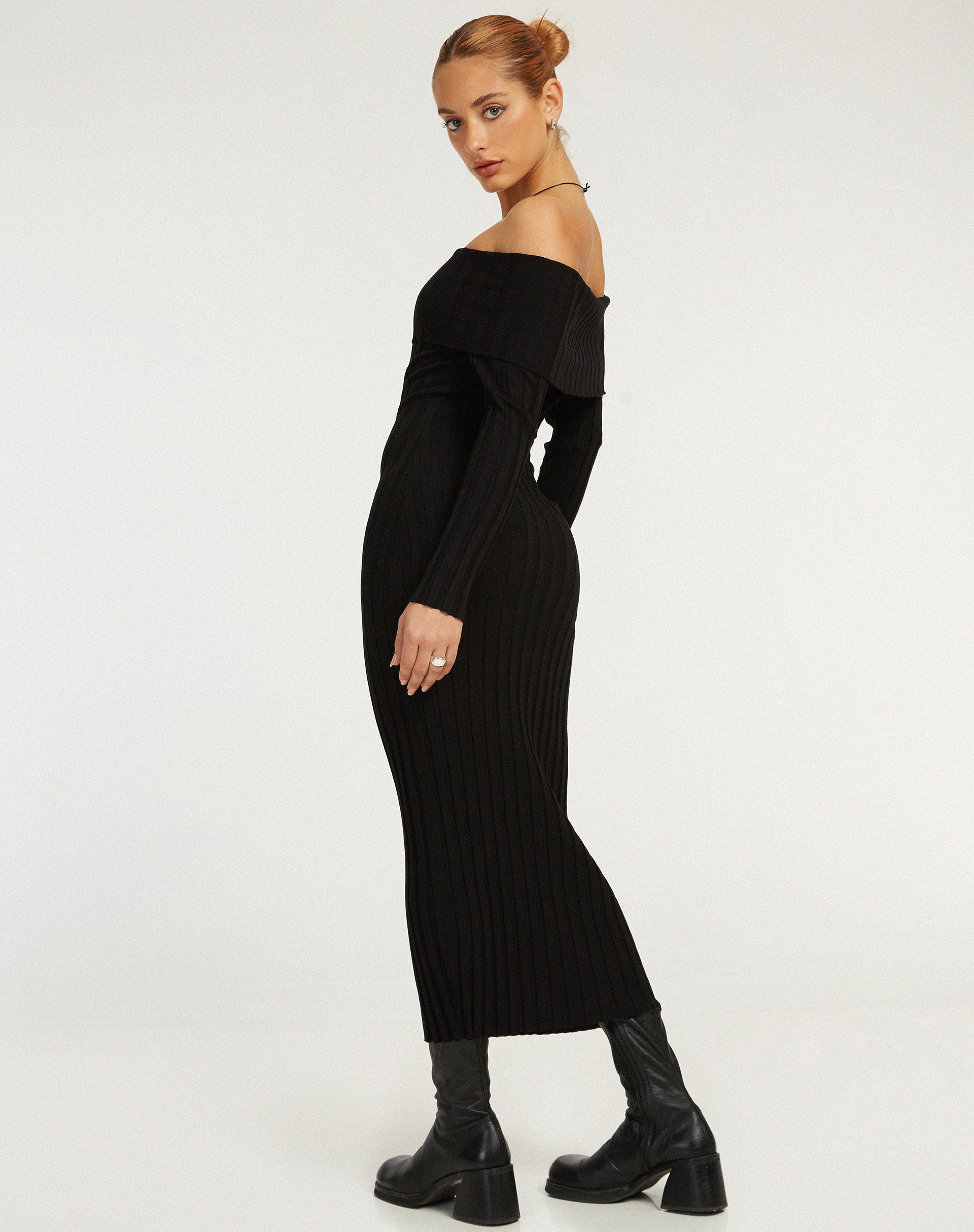 image of Jesuita Bardot Knitted Midi Dress in Black