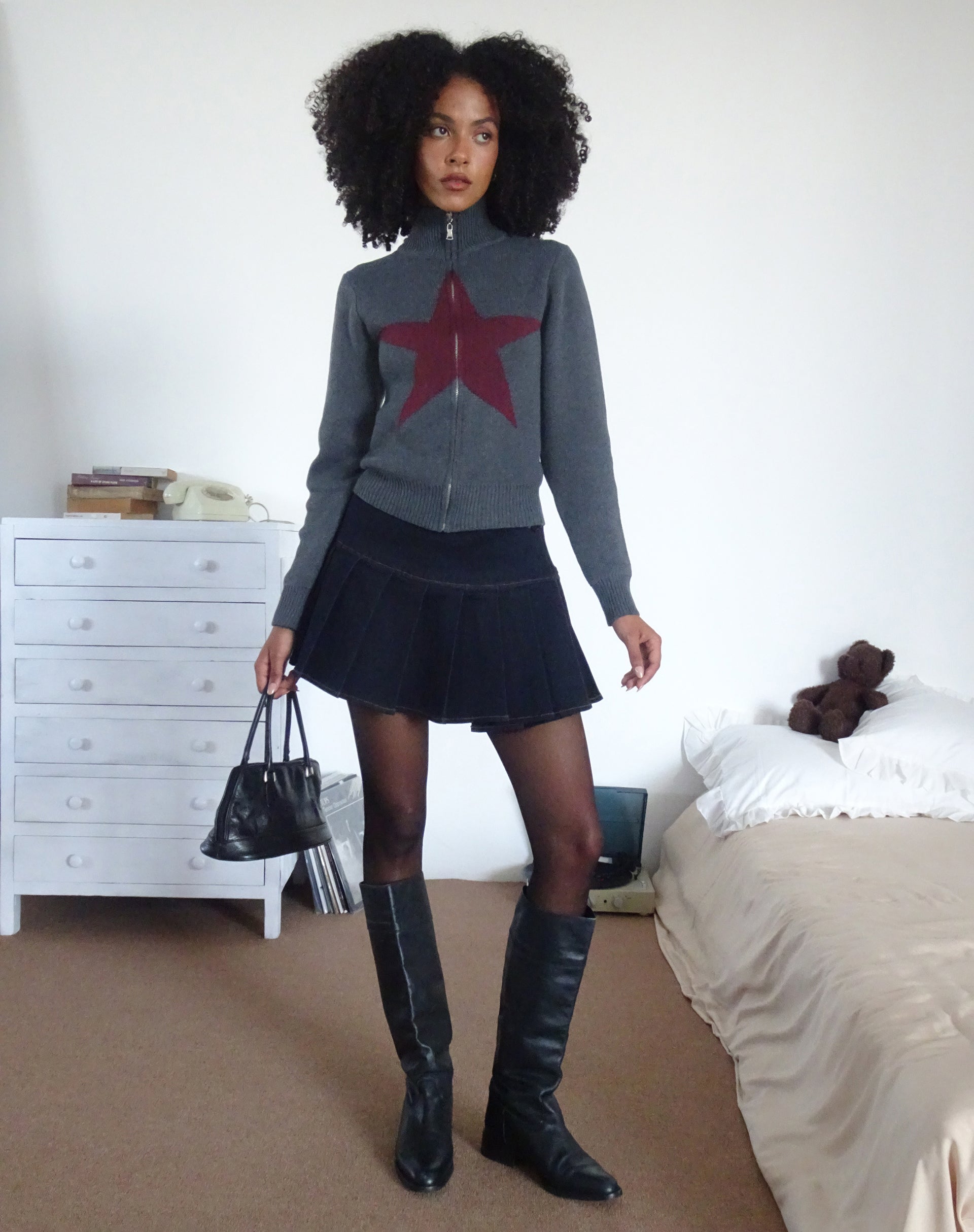 Image of Jimena Zip Through Cardigan in Grey with Burgundy Star Motif