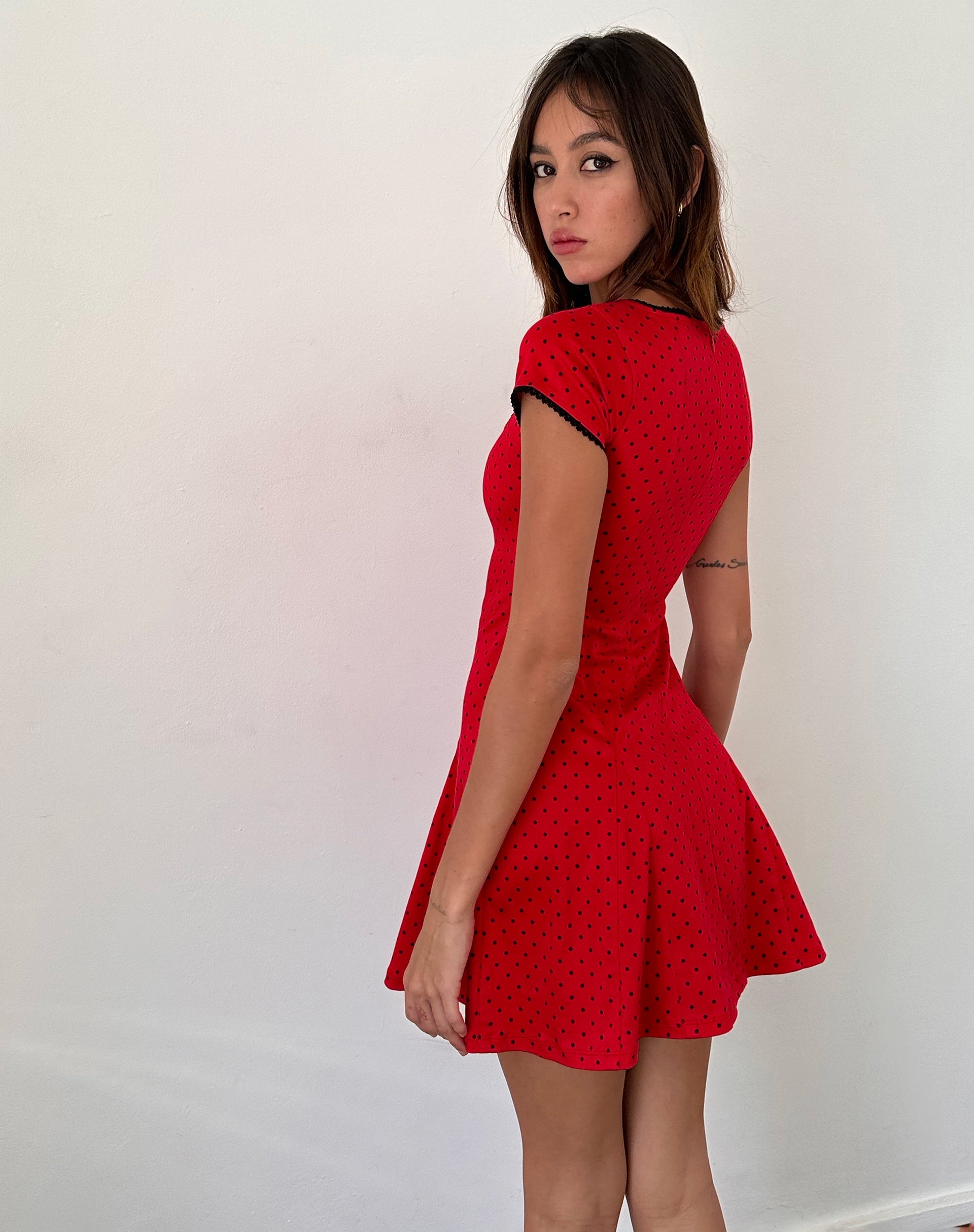 Image of Jinae Pleat Detail Mini Dress in Red Polka Sateen
