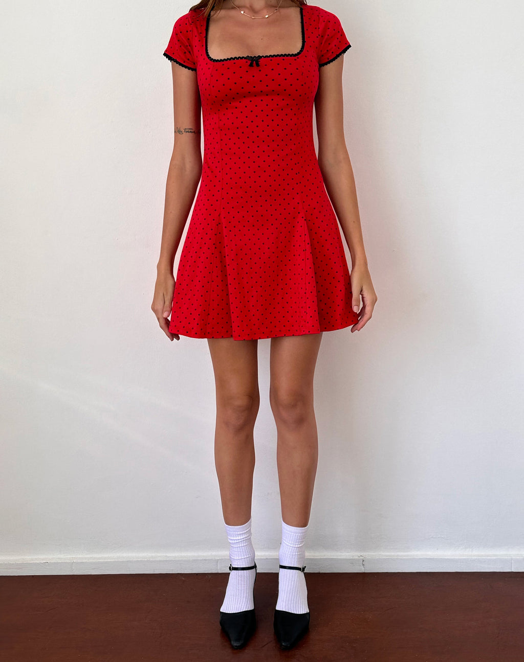 Jinae Pleat Detail Mini Dress in Red Polka Sateen