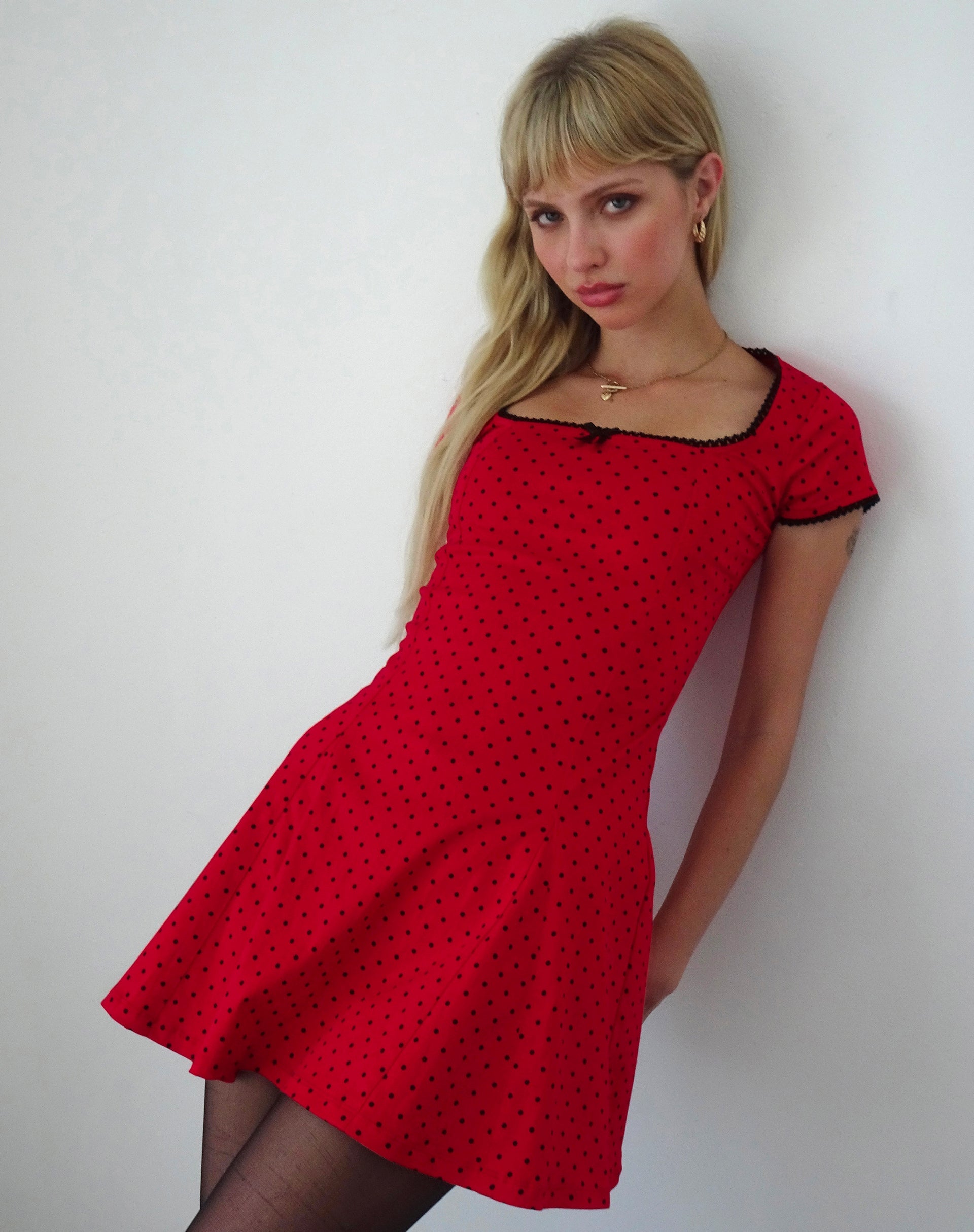 Image of Jinae Pleat Detail Mini Dress in Red Polka Sateen