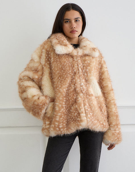 Beige Bambi Print Faux Fur Jacket | Joji – motelrocks-com-eur