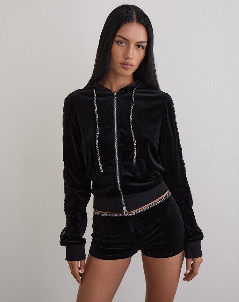 Jona Hoodie in Black with Rar Leopard Pipping