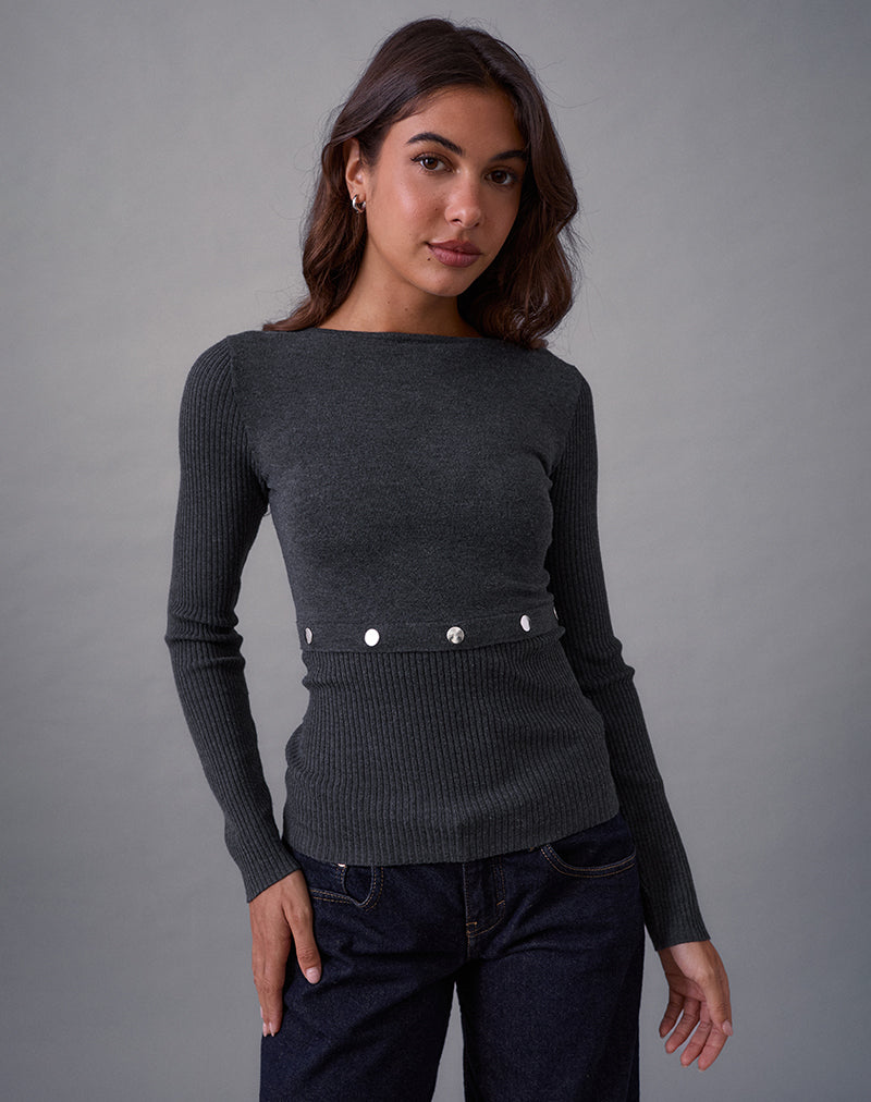Josa Langarm-Strickoberteil in Dark Charcoal mit Nieten