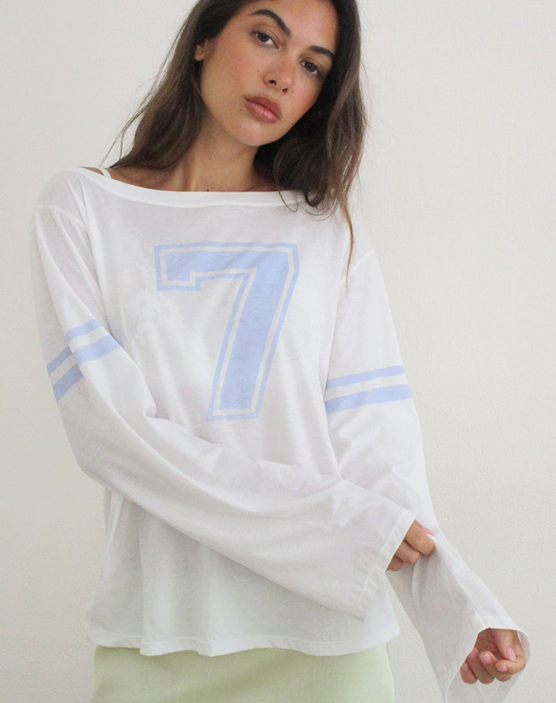 Image of Josie Long Sleeve Top in White with Seven and Stripes Graphic