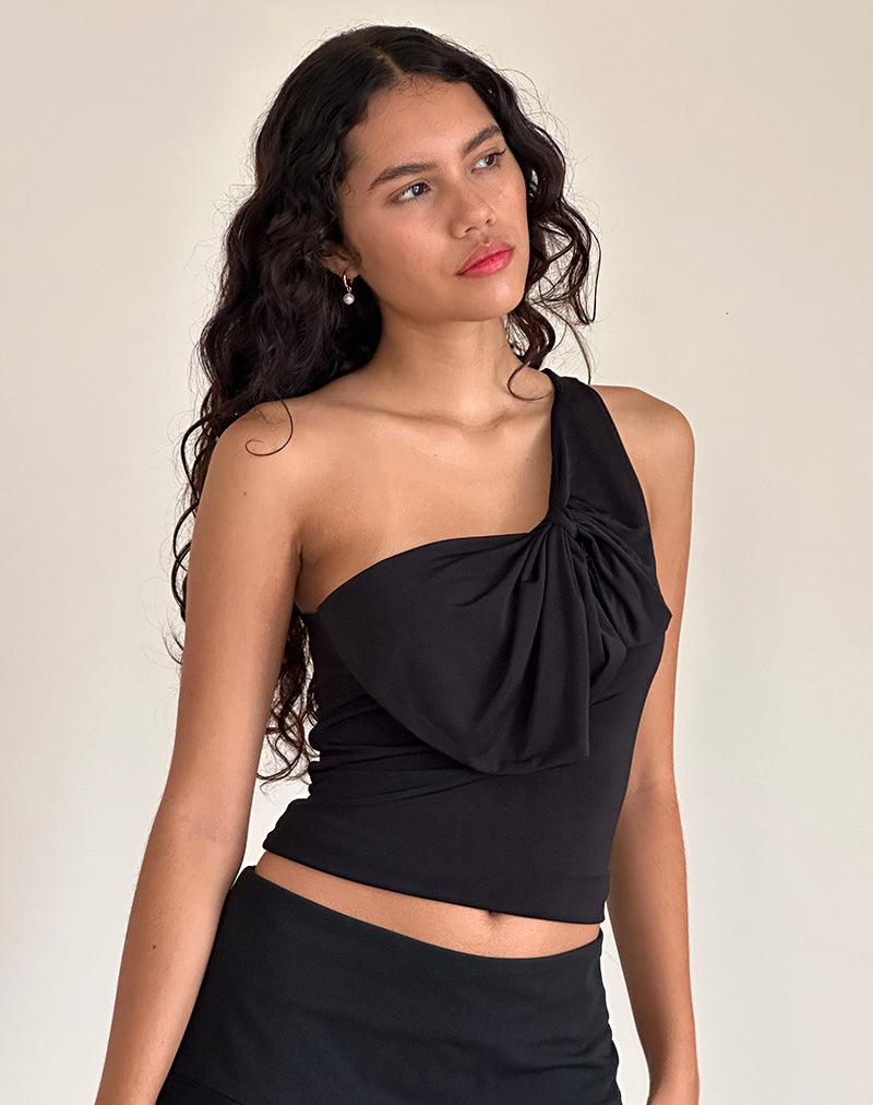 Image of Jovie One Shoulder Slinky Bow Top in Black