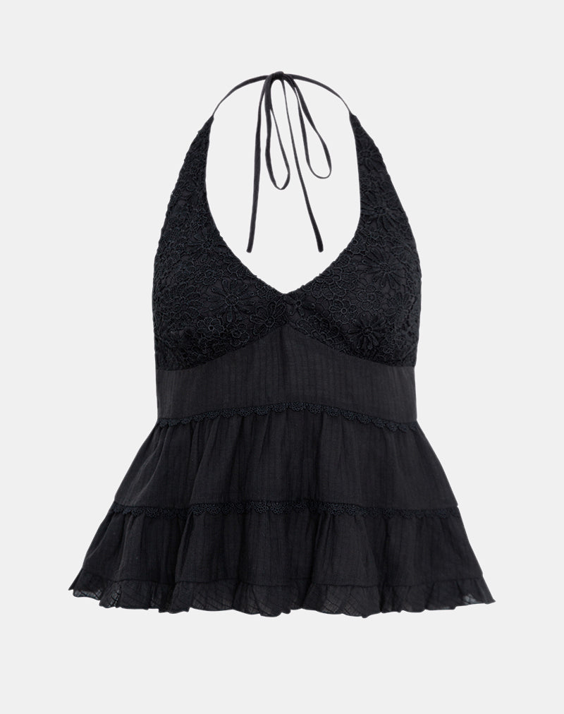 Juanita Frill Halter Neck Top in Black