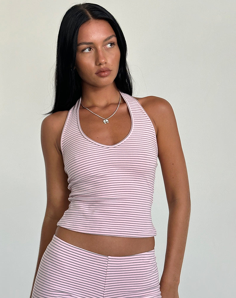 image of Jules Halter Top in Pink and Grey Jersey Stripe